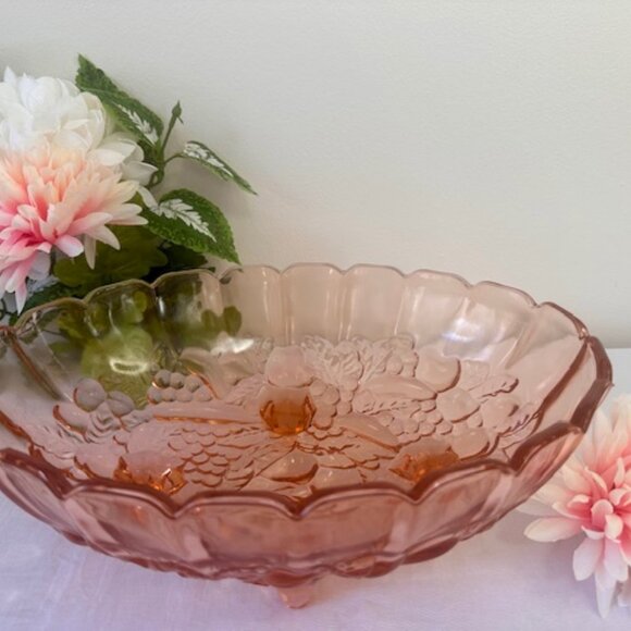 Vintage Indiana Glass Pink Footed Fruit Bowl Harvest Pattern Oval Centerpiece - Picture 2 of 5